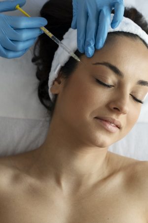 Beautiful woman during facial mesotherapy for smoothing of mimic wrinkles with beautician